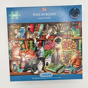 Gibsons Puss in Books 1000 Piece Puzzle Judith Yates Open Box NEW Sealed Pieces